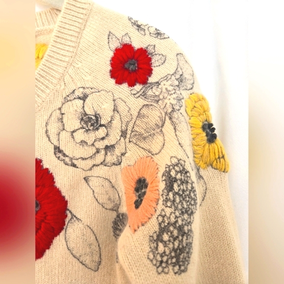 ( Anthropologie / sleeping on snow ) Soft Wool Floral Embroidered Boho Sweater - Picture 5 of 10